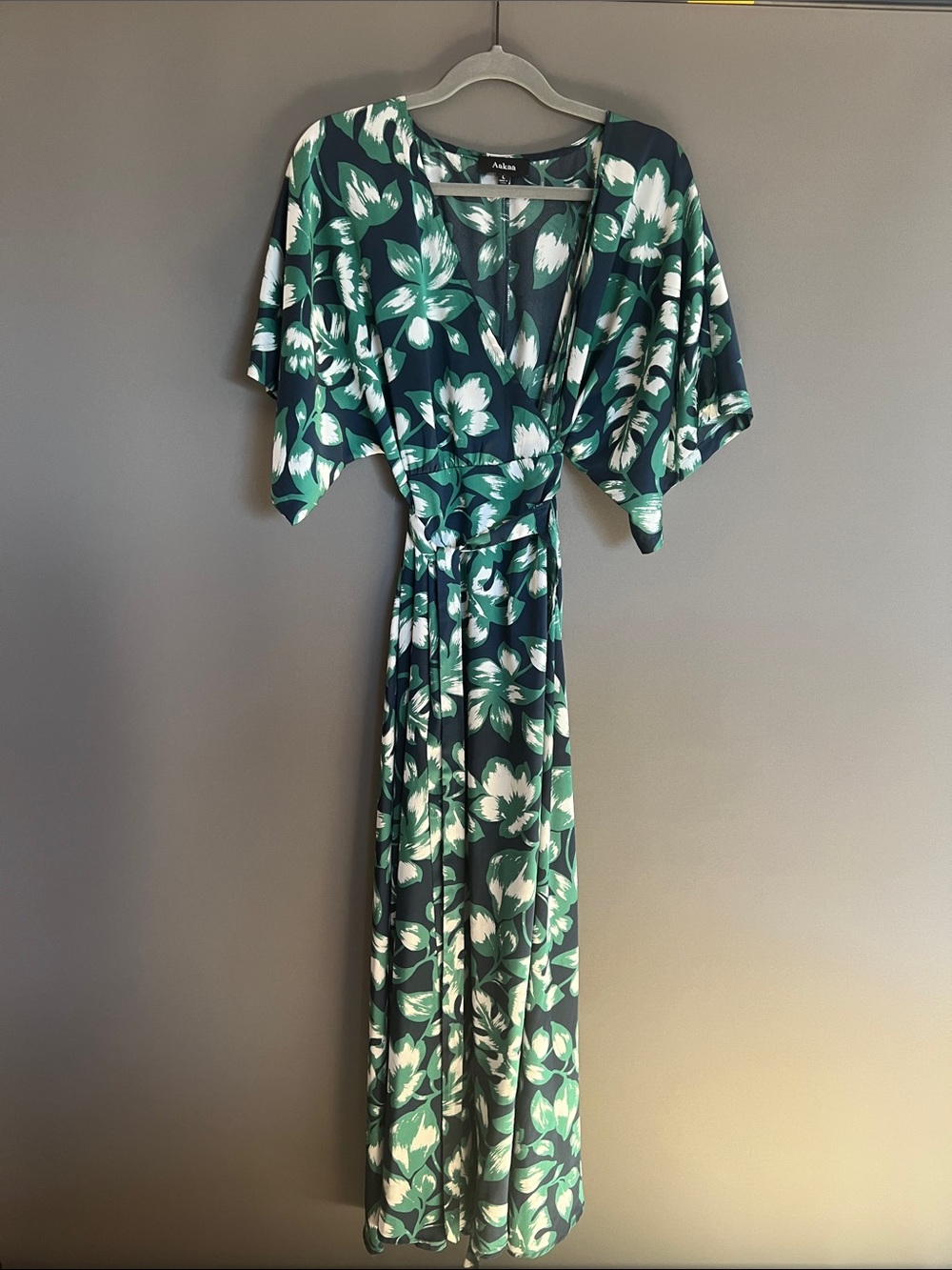 Aakaa Green & White Floral Wrap Maxi Dress